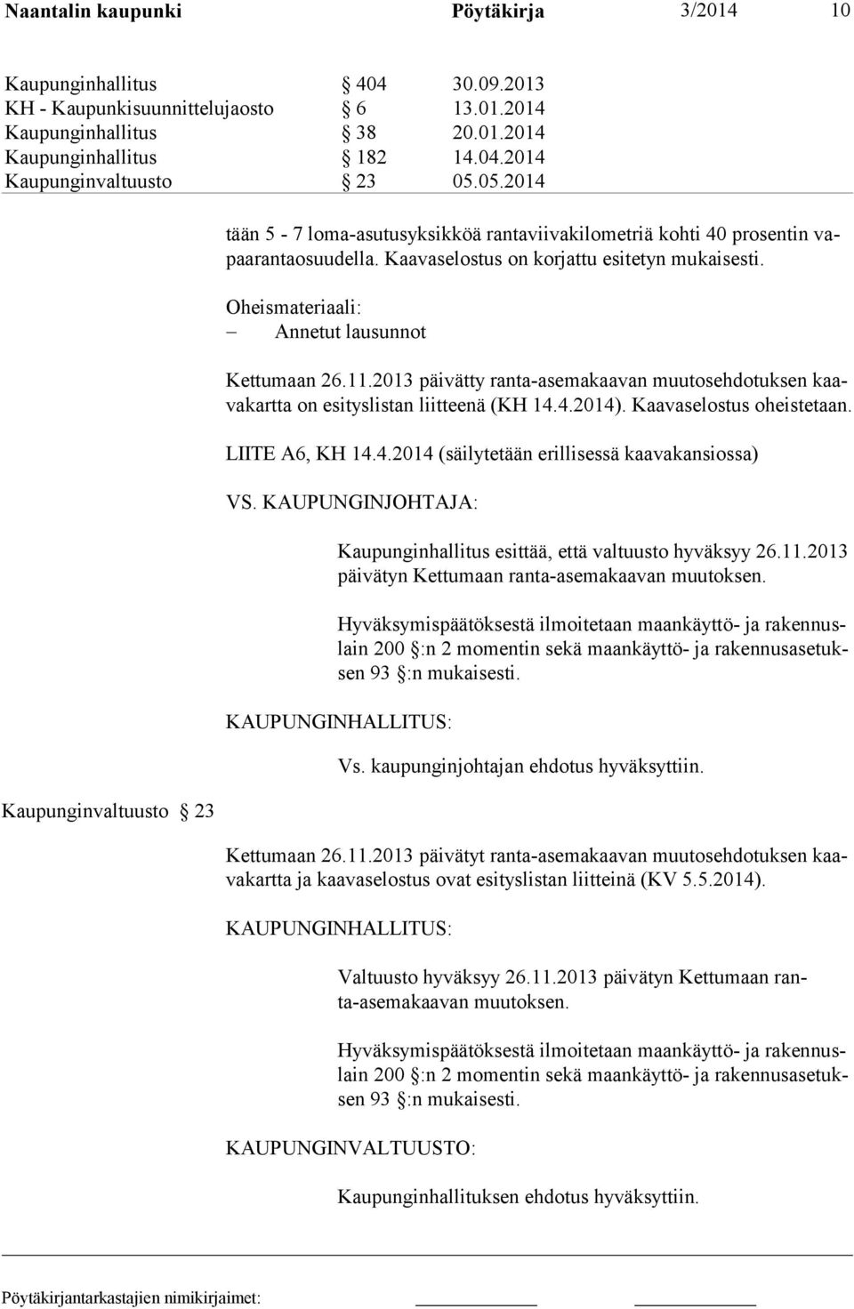 Oheismateriaali: Annetut lausunnot Kettumaan 26.11.2013 päivätty ranta-asemakaavan muutosehdotuksen kaavakartta on esityslistan liitteenä (KH 14.4.2014). Kaavaselostus oheistetaan. LIITE A6, KH 14.4.2014 (säilytetään erillisessä kaavakansiossa) VS.