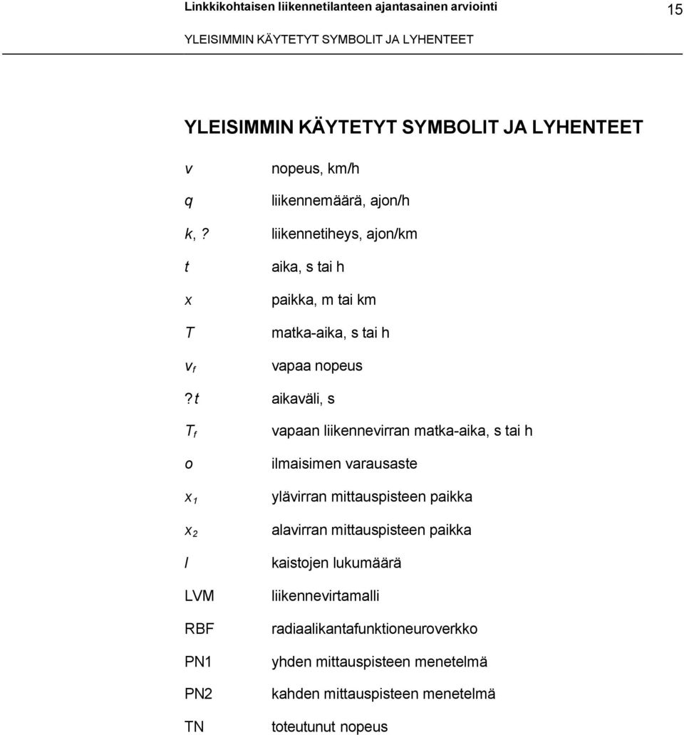 t aikaväli, s T f o x 1 x 2 l LVM RBF PN1 PN2 TN vapaan liikennevirran matka-aika, s tai h ilmaisimen varausaste ylävirran mittauspisteen paikka