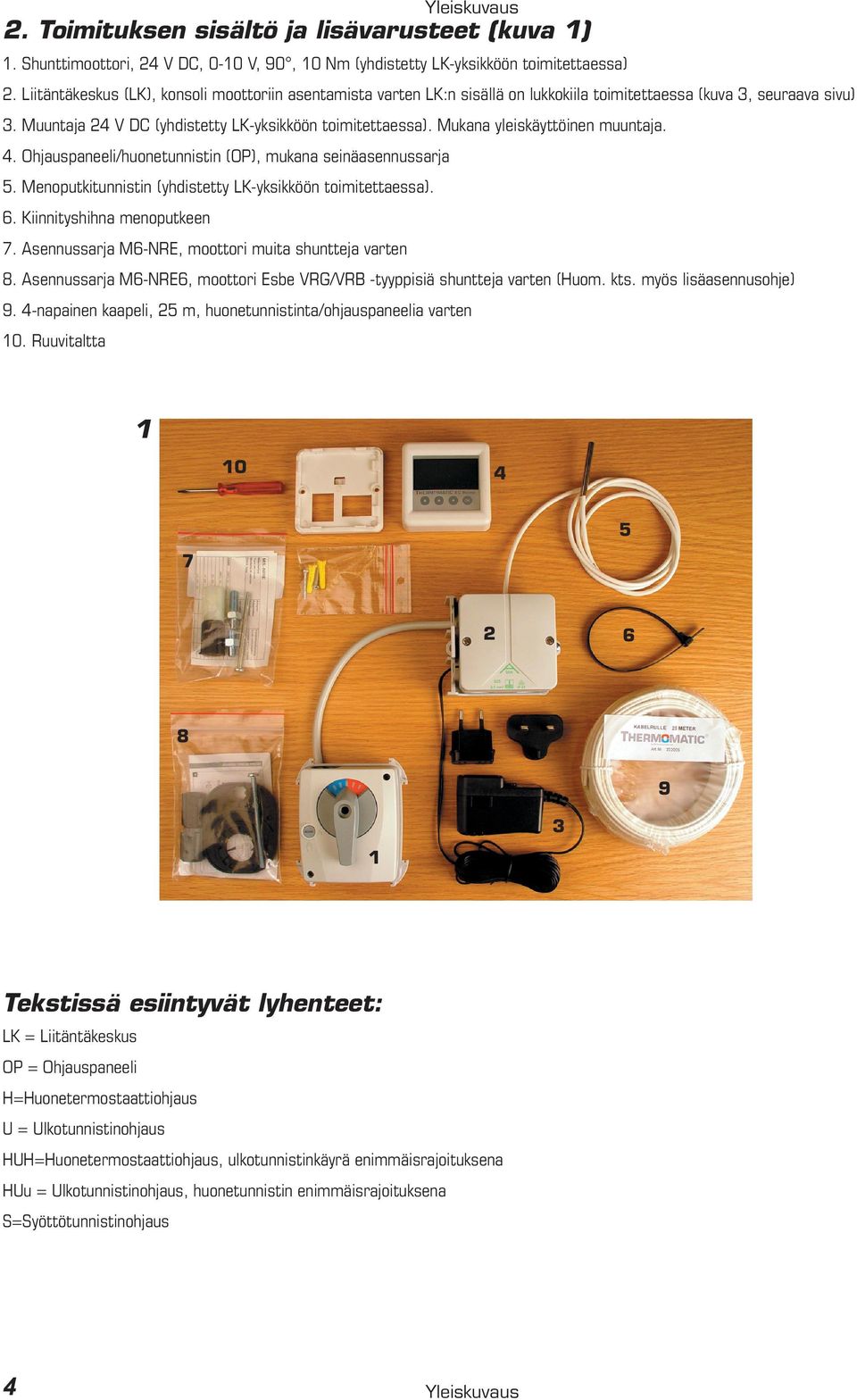 Mukana yleiskäyttöinen muuntaja. 4. Ohjauspaneeli/huonetunnistin (OP), mukana seinäasennussarja 5. Menoputkitunnistin (yhdistetty LK-yksikköön toimitettaessa). 6. Kiinnityshihna menoputkeen 7.