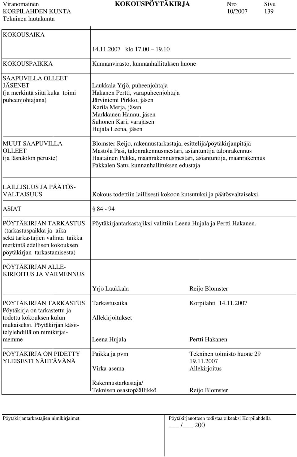 puheenjohtaja Hakanen Pertti, varapuheenjohtaja Järviniemi Pirkko, jäsen Karila Merja, jäsen Markkanen Hannu, jäsen Suhonen Kari, varajäsen Hujala Leena, jäsen Blomster Reijo, rakennustarkastaja,