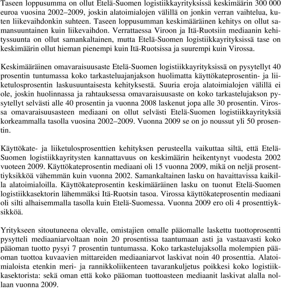 Verrattaessa Viroon ja Itä-Ruotsiin mediaanin kehityssuunta on ollut samankaltainen, mutta Etelä-Suomen logistiikkayrityksissä tase on keskimäärin ollut hieman pienempi kuin Itä-Ruotsissa ja suurempi