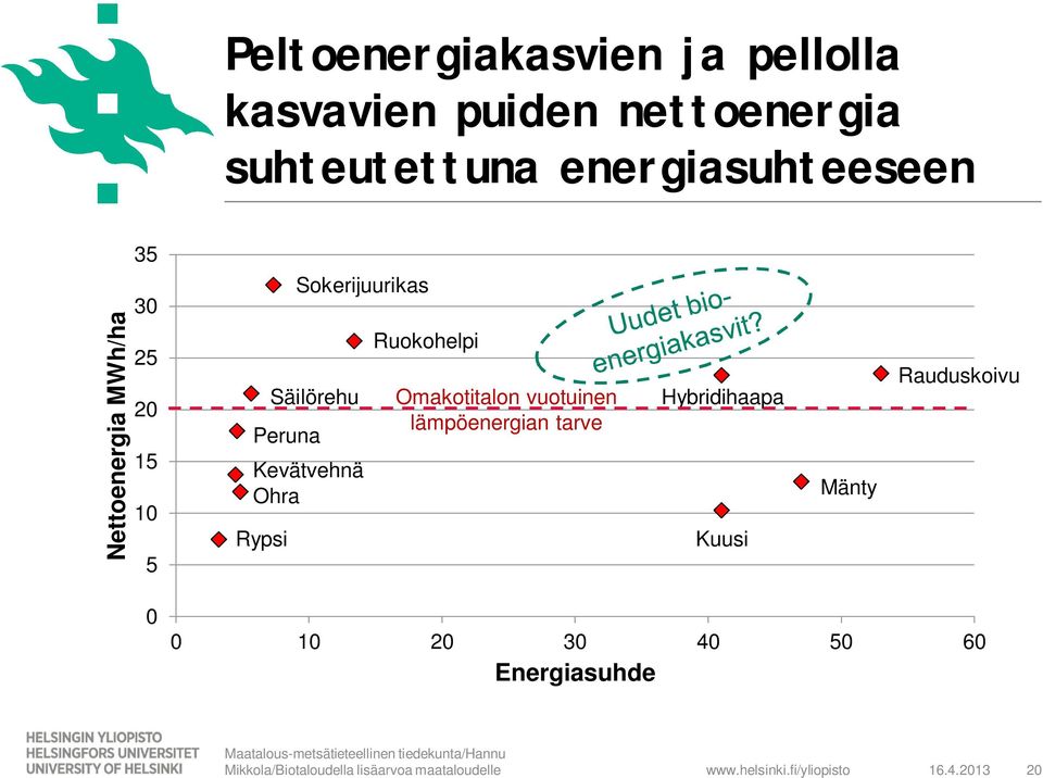 Ruokohelpi Omakotitalon vuotuinen lämpöenergian tarve Hybridihaapa Kuusi Mänty Rauduskoivu 0 0