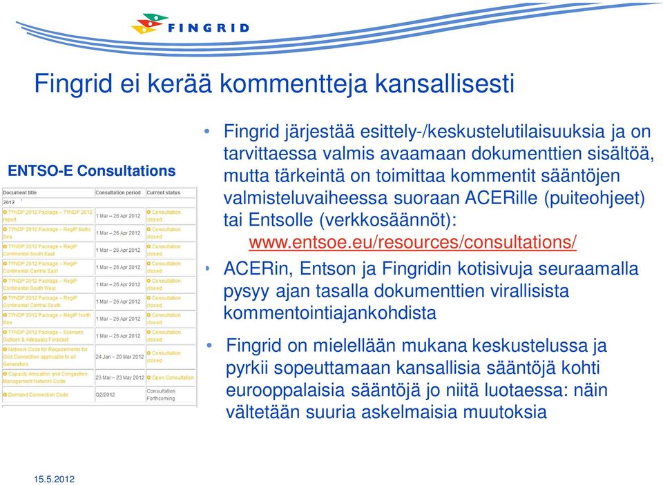 eu/resources/consultations/ ACERin, Entson ja Fingridin kotisivuja seuraamalla pysyy ajan tasalla dokumenttien virallisista kommentointiajankohdista Fingrid on