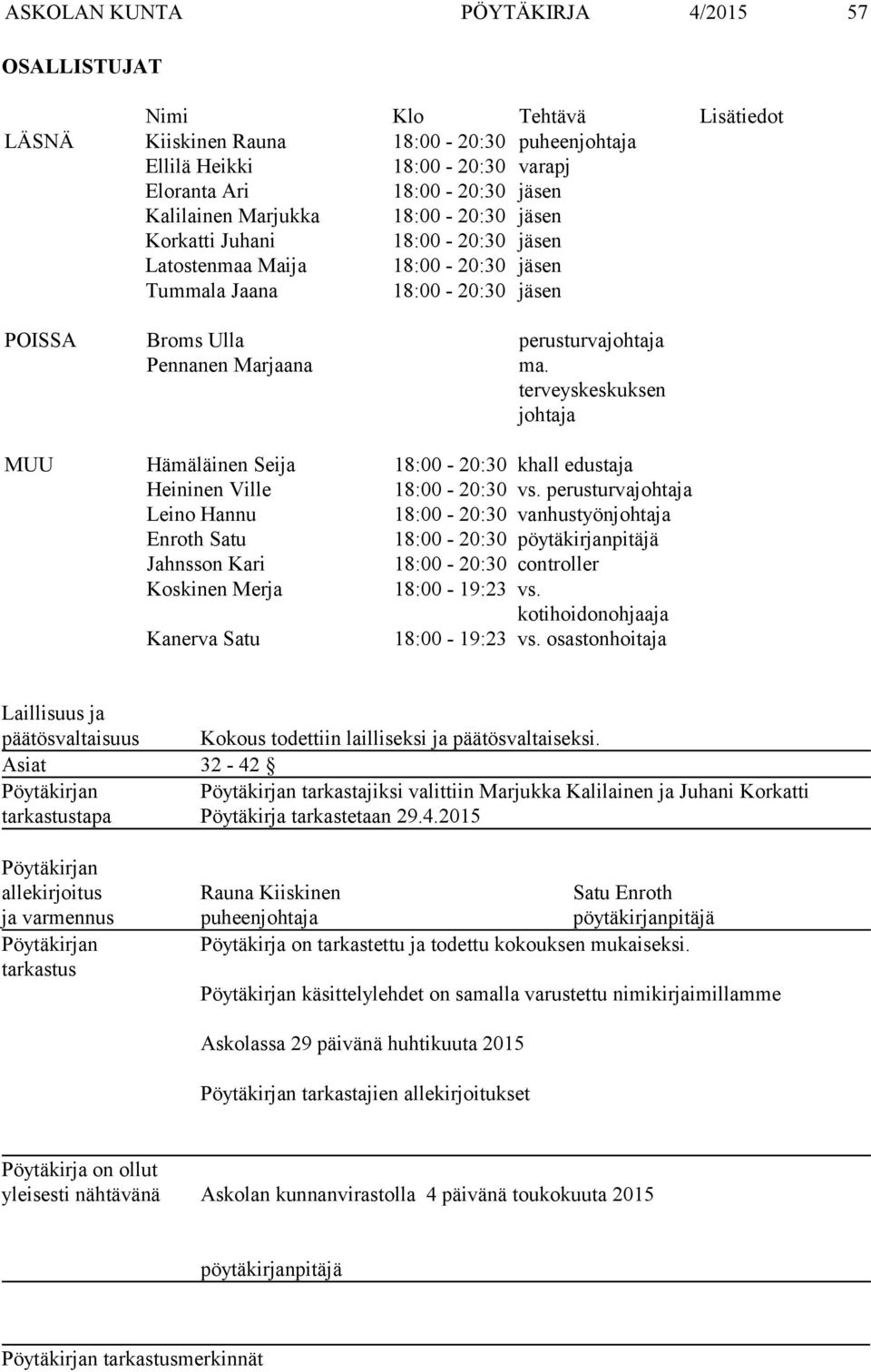 terveyskeskuksen johtaja MUU Hämäläinen Seija 18:00-20:30 khall edustaja Heininen Ville 18:00-20:30 vs.