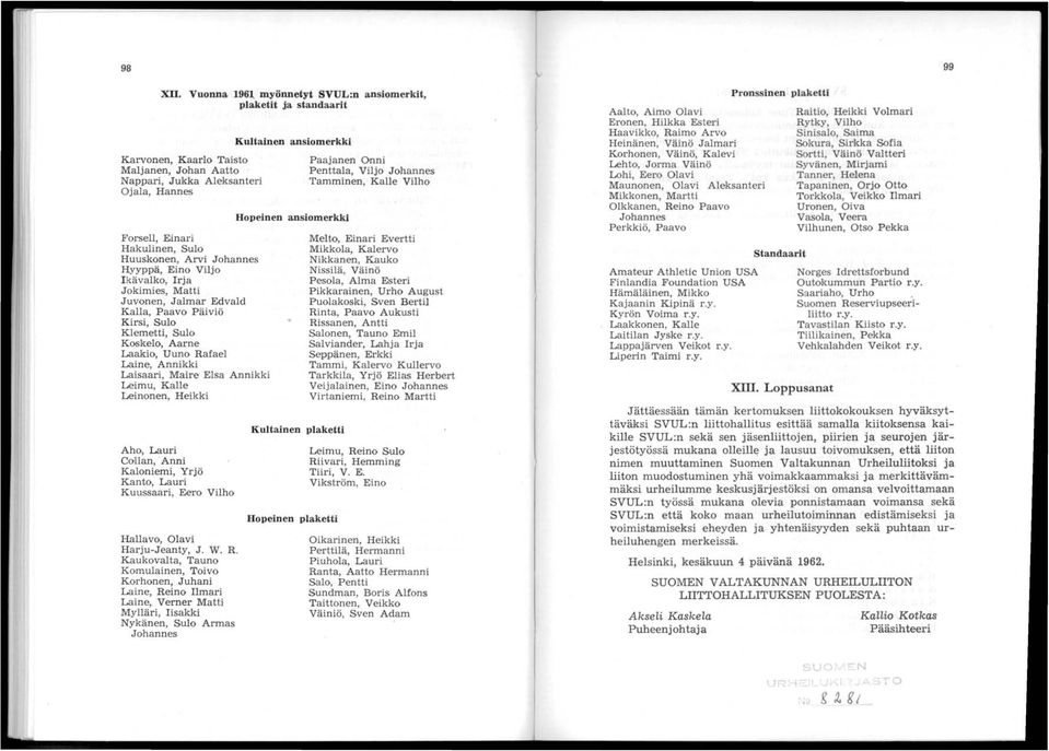 Sulo Klemetti, Sulo Koskelo, Aarne Laakio, Uuno Rafael Laine, Annikki Laisaari, Maire Elsa Annikki Leimu, Kalle Leinonen, Heikki Aho, Lauri Collan, Anni Kaloniemi, Yrjö Kanto, Lauri Kuussaari, Eero