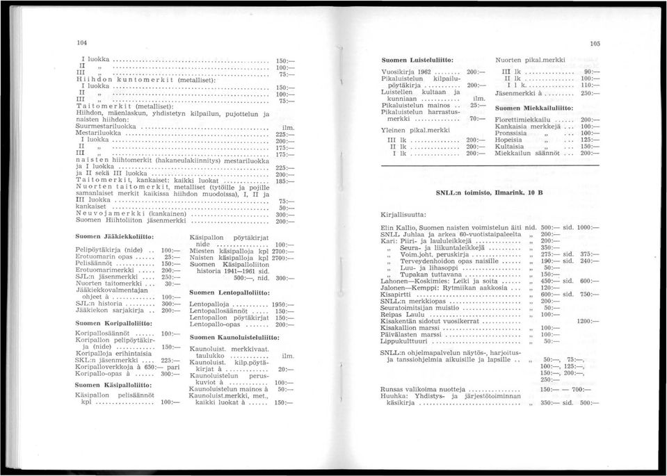 ........................... III... '... '......... nai s t'~ n hiihtomerkit (hakaneulakiinnitys) mestariluokka ja I luokka......... ja II sekä III luokka.... Tai tom e r k i t, kankaiset: kaikki luokat.