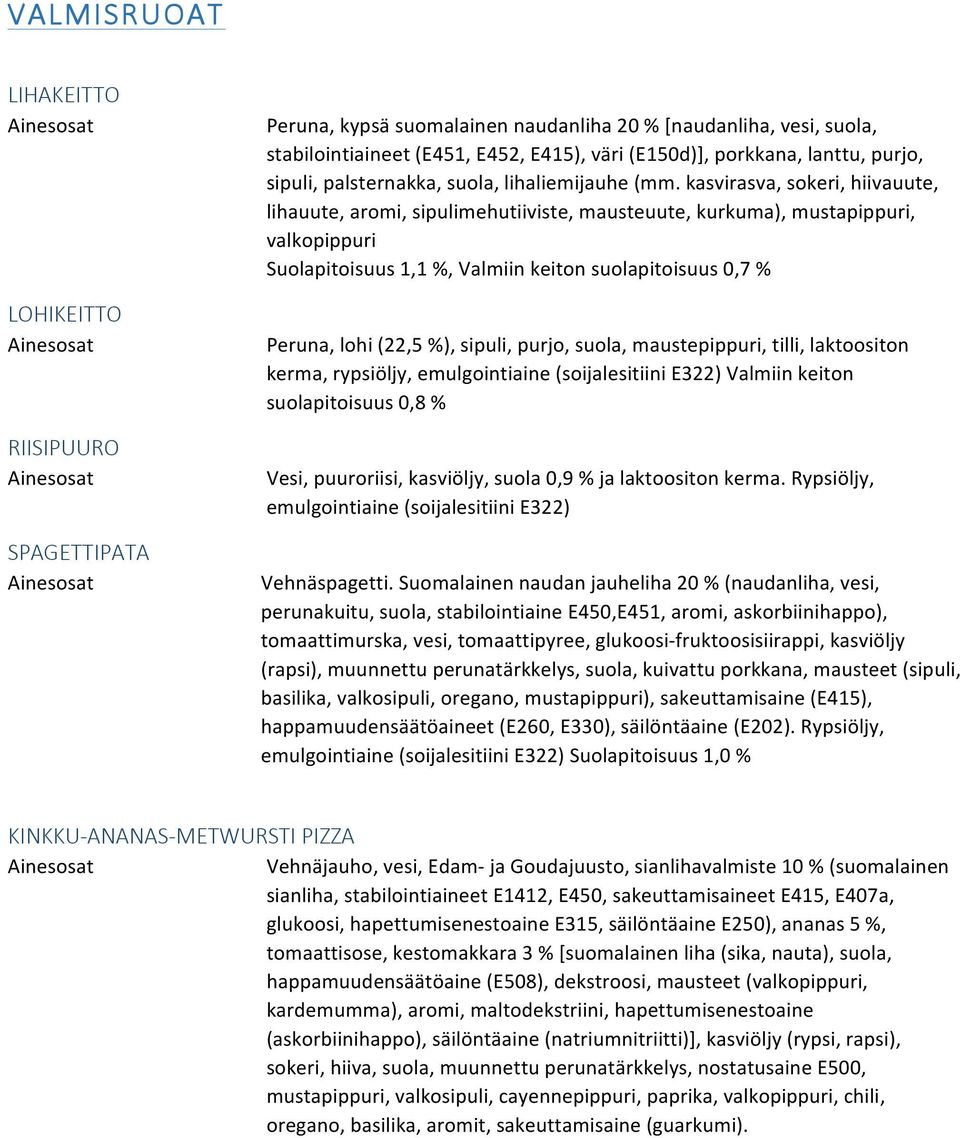 kasvirasva, sokeri, hiivauute, lihauute, aromi, sipulimehutiiviste, mausteuute, kurkuma), mustapippuri, valkopippuri Suolapitoisuus 1,1 %, Valmiin keiton suolapitoisuus 0,7 % Peruna, lohi (22,5 %),