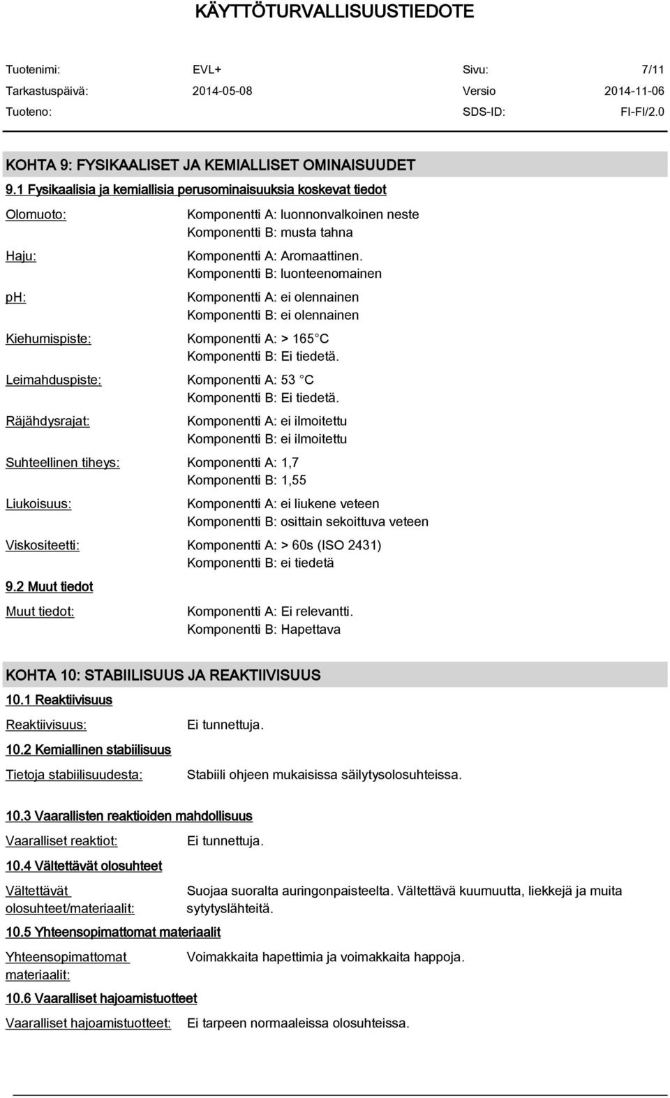 Komponentti B: luonteenomainen Komponentti A: ei olennainen Komponentti B: ei olennainen Kiehumispiste: Komponentti A: > 165 C Komponentti B: Ei tiedetä.