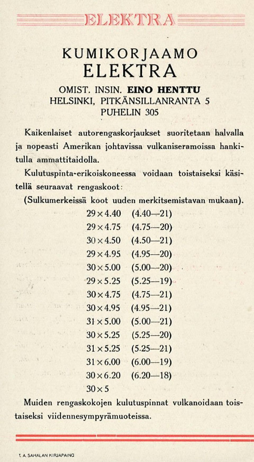 ammattitaidolla. Kulutuspinta-erikoiskoneessa voidaan toistaiseksi käsitellä seuraavat rengaskoot: (Sulkumerkeissä koot uuden merkitsemistavan mukaan). 29x4.40 (4.40 21) 29x4.