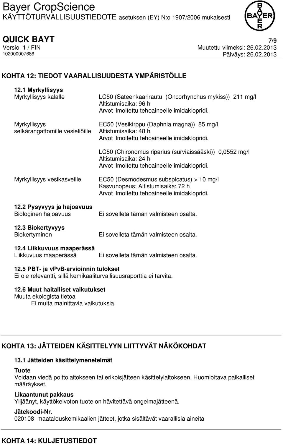 imidaklopridi. EC50 (Vesikirppu (Daphnia magna)) 85 mg/l Altistumisaika: 48 h Arvot ilmoitettu tehoaineelle imidaklopridi.