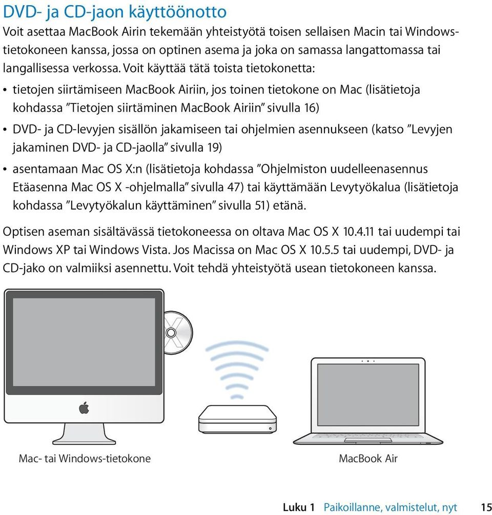Voit käyttää tätä toista tietokonetta: Â tietojen siirtämiseen MacBook Airiin, jos toinen tietokone on Mac (lisätietoja kohdassa Tietojen siirtäminen MacBook Airiin sivulla 16) Â DVD- ja CD-levyjen