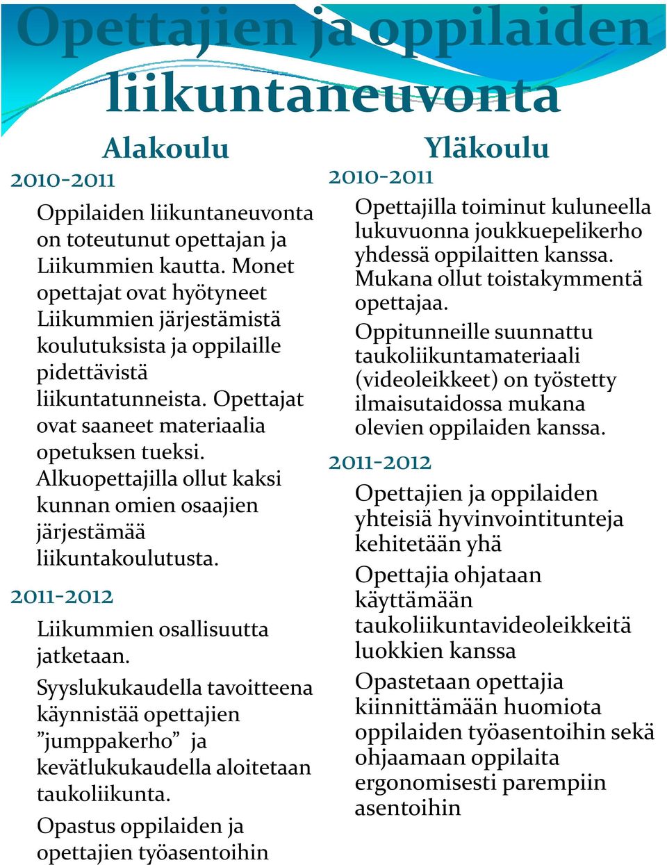 Alkuopettajilla ollut kaksi kunnan omien osaajien järjestämää liikuntakoulutusta. Liikummien osallisuutta jatketaan.