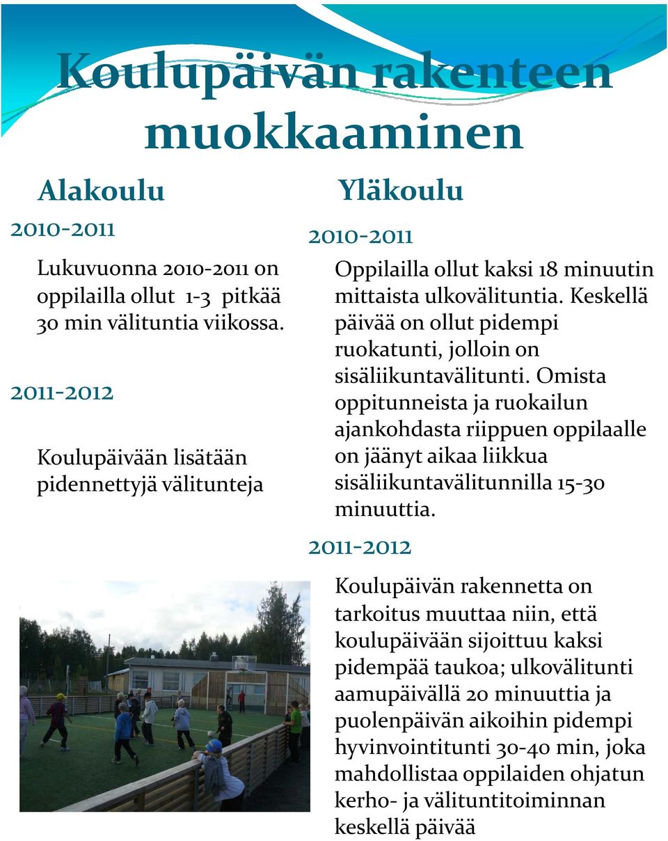 Keskellä päivää on ollut pidempi ruokatunti, jolloin on sisäliikuntavälitunti.