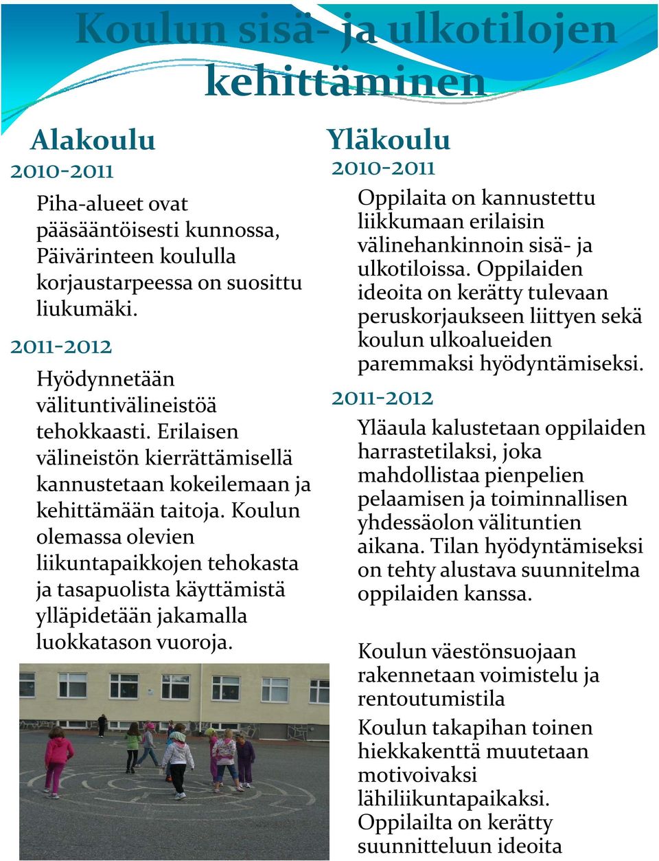 Koulun olemassa olevien liikuntapaikkojen tehokasta ja tasapuolista käyttämistä ylläpidetään jakamalla luokkatason vuoroja.