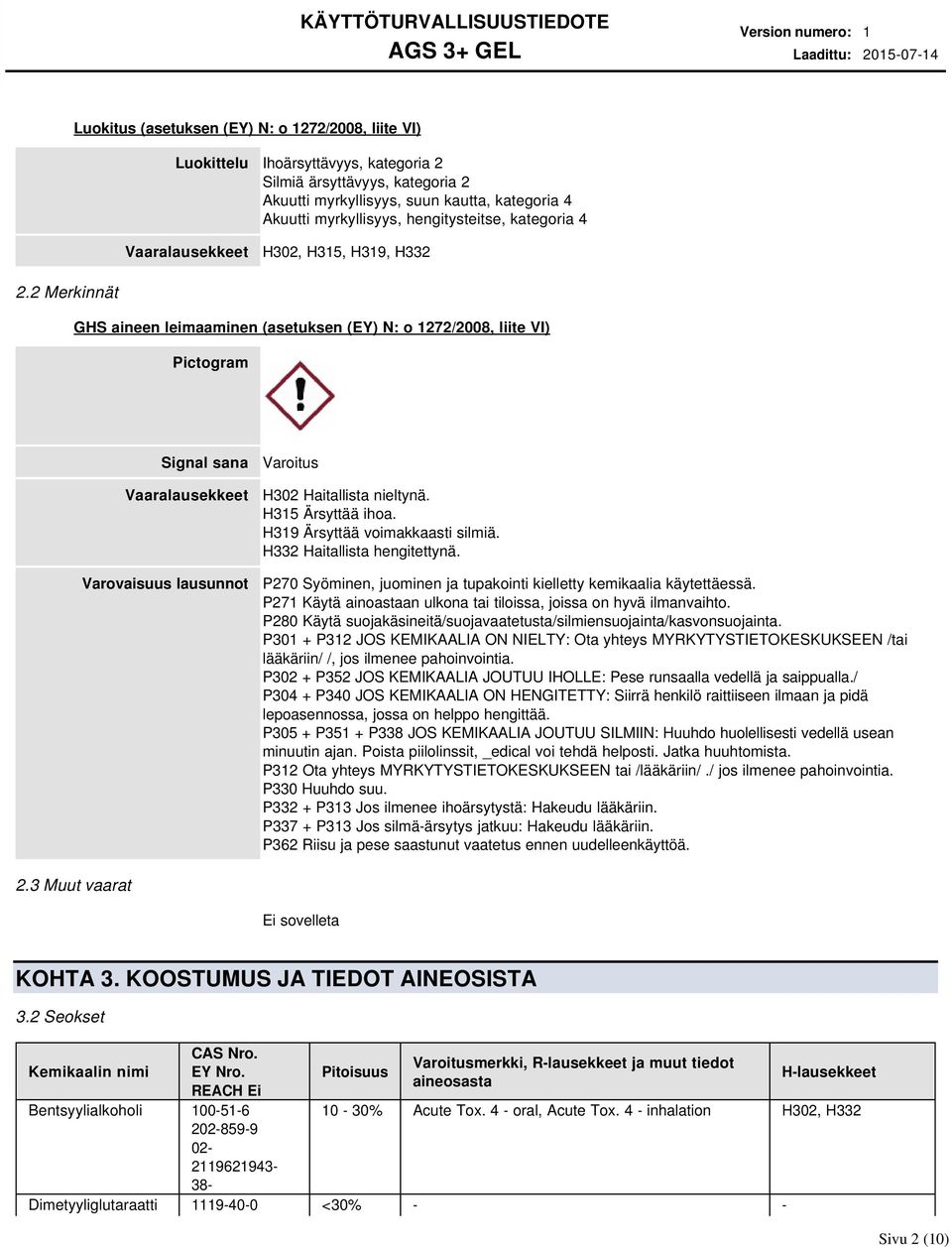 2 Merkinnät GHS aineen leimaaminen (asetuksen (EY) N: o 1272/2008, liite VI) Pictogram Signal sana Vaaralausekkeet Varovaisuus lausunnot Varoitus H302 Haitallista nieltynä. H315 Ärsyttää ihoa.
