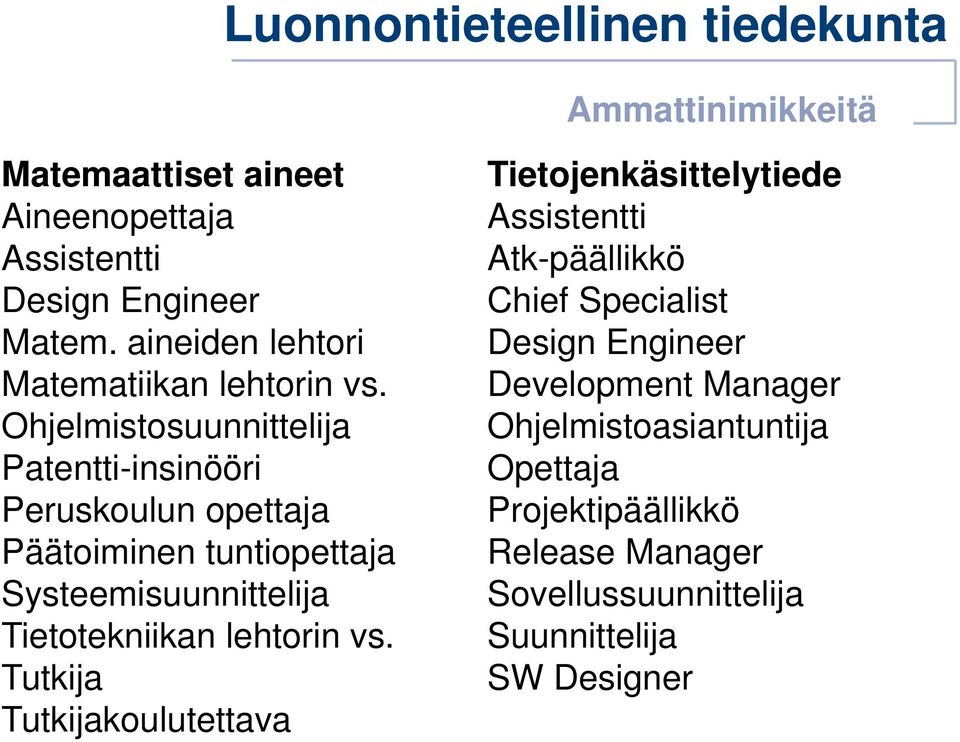 Ohjelmistosuunnittelija Patentti-insinööri Peruskoulun opettaja Päätoiminen tuntiopettaja Systeemisuunnittelija Tietotekniikan