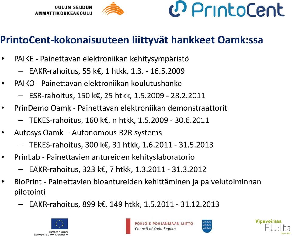 5.2009-30.6.2011 Autosys Oamk - Autonomous R2R systems TEKES-rahoitus, 300 k, 31 htkk, 1.6.2011-31.5.2013 PrinLab- Painettavien antureiden kehityslaboratorio EAKR-rahoitus, 323 k, 7 htkk, 1.