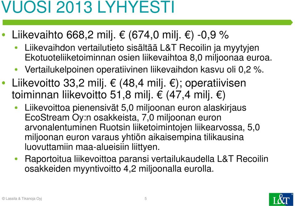 Vertailukelpoinen operatiivinen liikevaihdon kasvu oli 0,2 %. Liikevoitto 33,2 milj. (48,4 milj. ); operatiivisen toiminnan liikevoitto 51,8 milj. (47,4 milj.