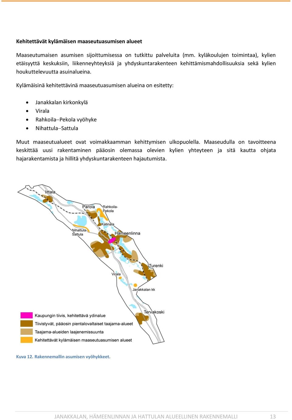 Kylämäisinä kehitettävinä maaseutuasumisen alueina on esitetty: Janakkalan kirkonkylä Virala RahkoilaPekola vyöhyke NihattulaSattula Muut maaseutualueet ovat voimakkaamman kehittymisen