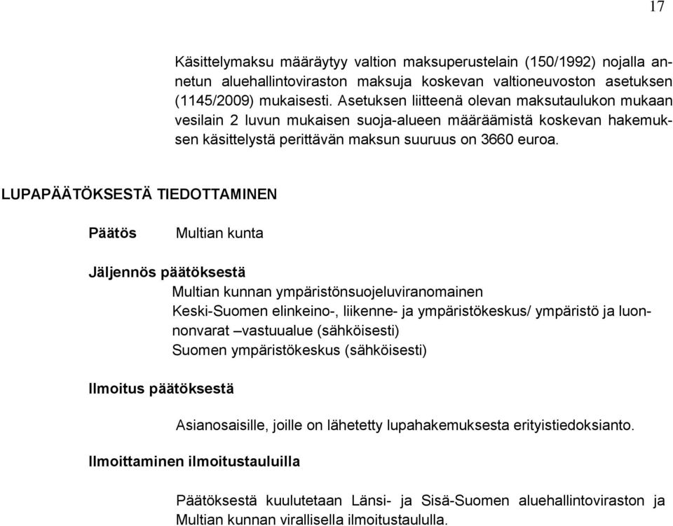 LUPAPÄÄTÖKSESTÄ TIEDOTTAMINEN Päätös Multian kunta Jäljennös päätöksestä Multian kunnan ympäristönsuojeluviranomainen Keski-Suomen elinkeino-, liikenne- ja ympäristökeskus/ ympäristö ja luonnonvarat