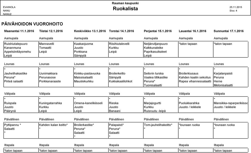 Neljänviljanpuuro *talon tapaan *talon tapaan Kananmuna Tomaatti Juusto Kurkku Kalkkunaleike Appelsiinitäysmehu Porkkana Paprikasuikaleet Jauhelihakastike Uunimakkara Kinkku-pastavuoka Broilerkeitto