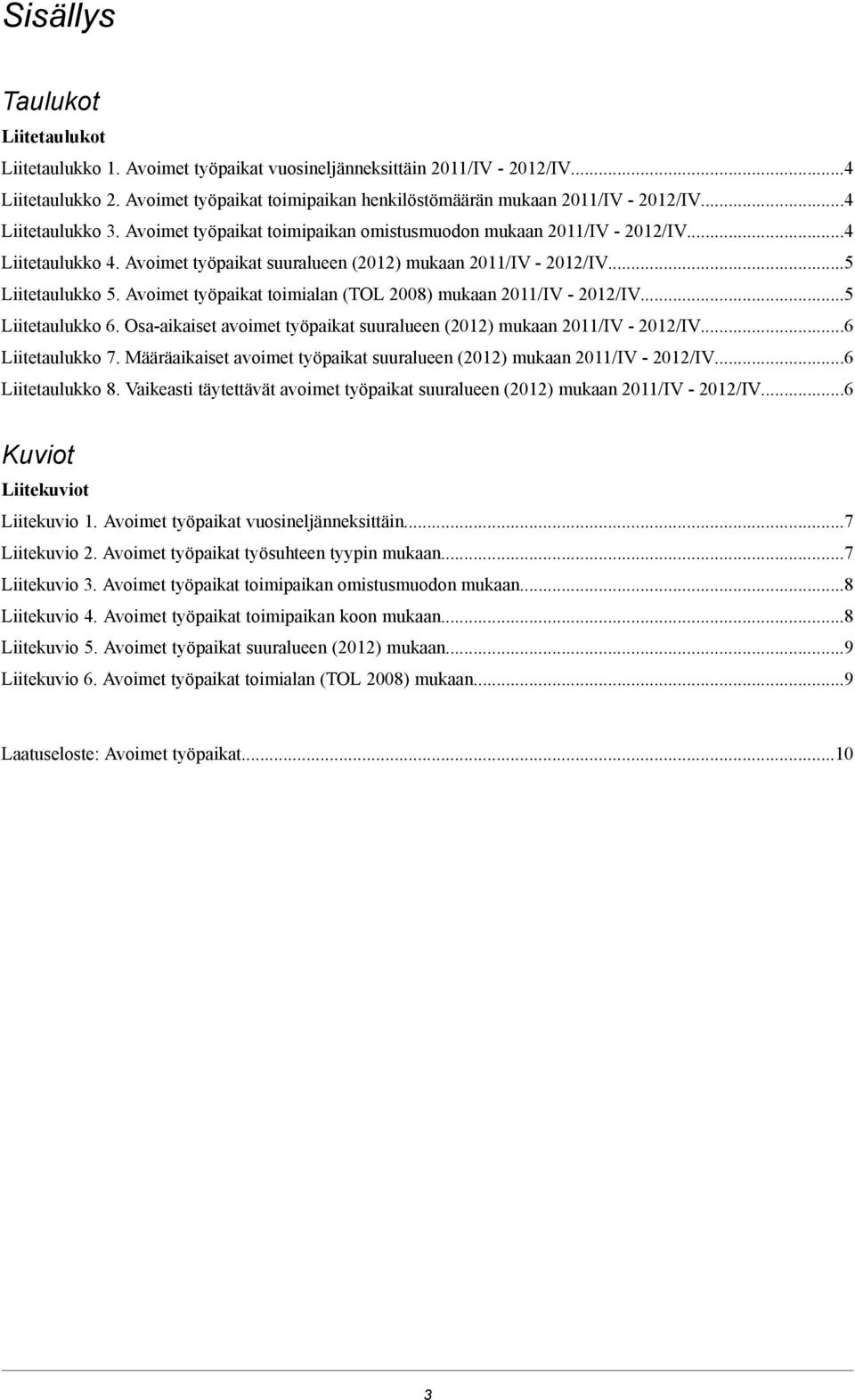 Osa-aikaiset avoimet työpaikat suuralueen (2012) mukaan...6 Liitetaulukko 7. Määräaikaiset avoimet työpaikat suuralueen (2012) mukaan...6 Liitetaulukko 8.