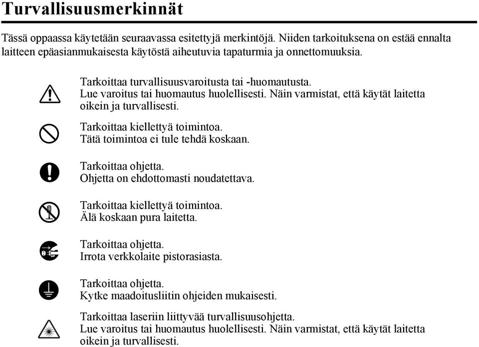 Tätä toimintoa ei tule tehdä koskaan. Tarkoittaa ohjetta. Ohjetta on ehdottomasti noudatettava. Tarkoittaa kiellettyä toimintoa. Älä koskaan pura laitetta. Tarkoittaa ohjetta. Irrota verkkolaite pistorasiasta.