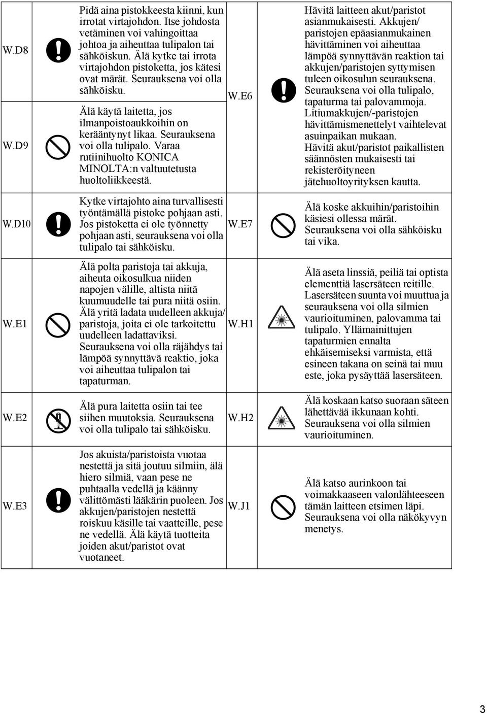 Varaa rutiinihuolto KONICA MINOLTA:n valtuutetusta huoltoliikkeestä. W.E6 Kytke virtajohto aina turvallisesti työntämällä pistoke pohjaan asti. Jos pistoketta ei ole työnnetty W.