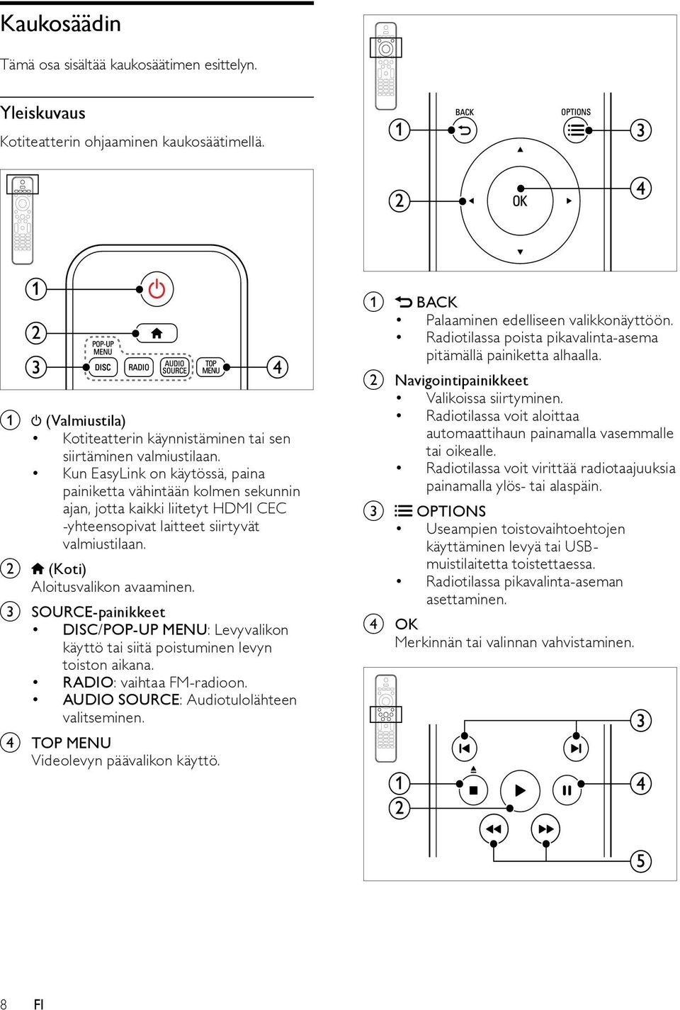 c SOURCE-painikkeet DISC/POP-UP MENU: Levyvalikon käyttö tai siitä poistuminen levyn toiston aikana. RADIO: vaihtaa FM-radioon. AUDIO SOURCE: Audiotulolähteen valitseminen.