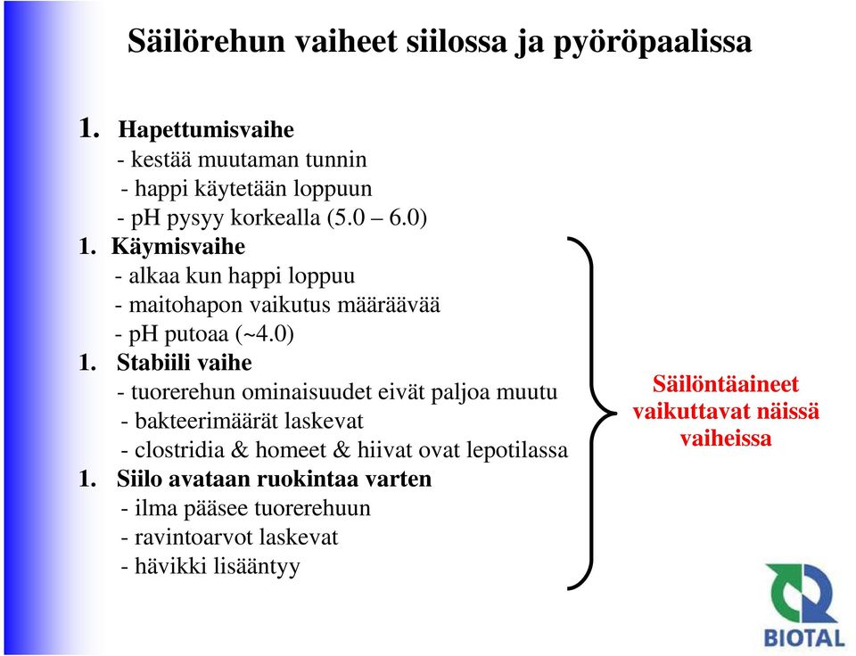 Käymisvaihe - alkaa kun happi loppuu - maitohapon vaikutus määräävää - ph putoaa (~4.0) 1.