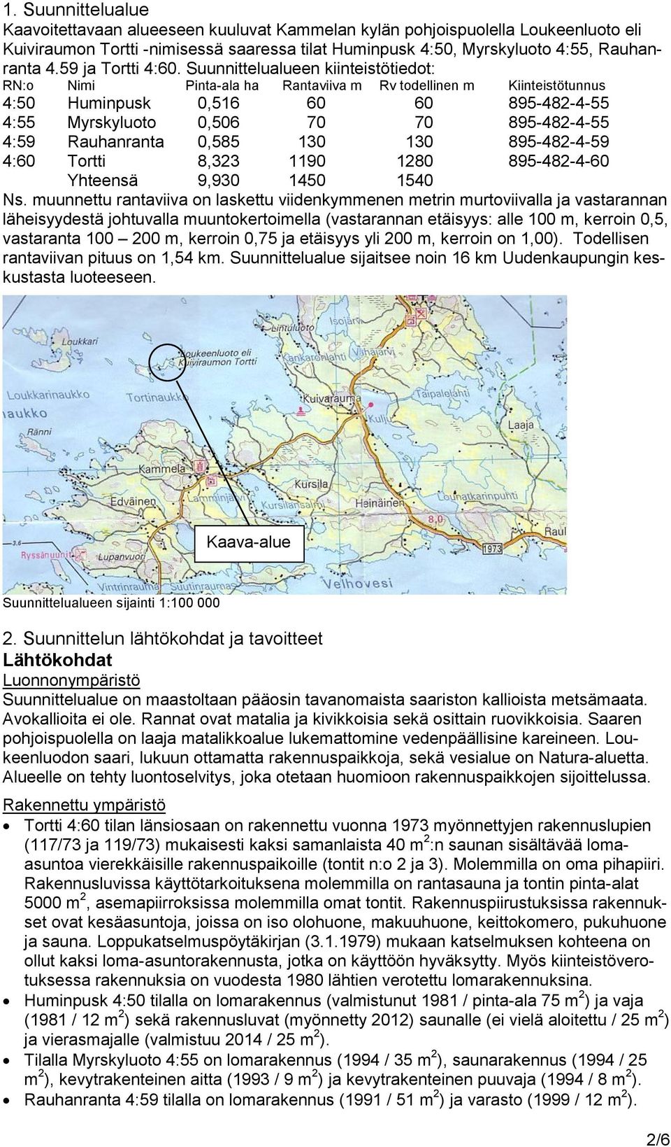 Suunnittelualueen kiinteistötiedot: RN:o Nimi Pinta-ala ha Rantaviiva m Rv todellinen m Kiinteistötunnus 4:50 Huminpusk 0,516 60 60 895-482-4-55 4:55 Myrskyluoto 0,506 70 70 895-482-4-55 4:59