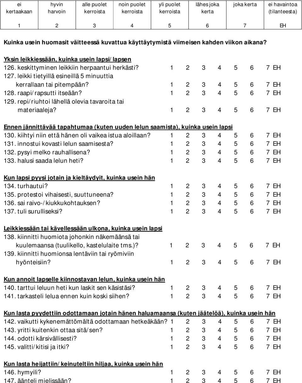 . innostui kovasti lelun saamisesta?. pysyi melko rauhallisena?. halusi saada lelun heti? Kun lapsi pyysi jotain ja kieltäydyit, kuinka usein hän. turhautui?. protestoi vihaisesti, suuttuneena?