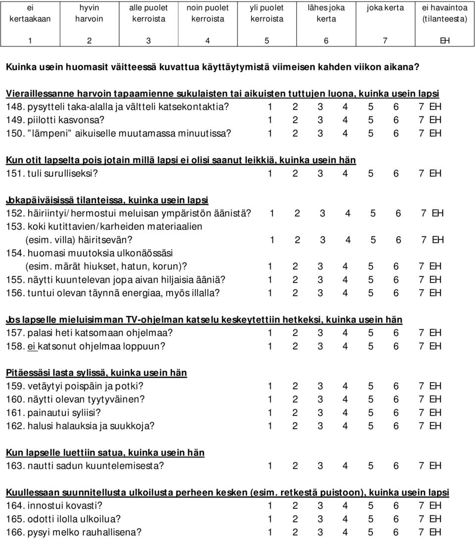 häiriintyi/hermostui meluisan ympäristön äänistä?. koki kutittavien/karheiden materiaalien (esim. villa) häiritsevän?. huomasi muutoksia ulkonäössäsi (esim. märät hiukset, hatun, korun)?