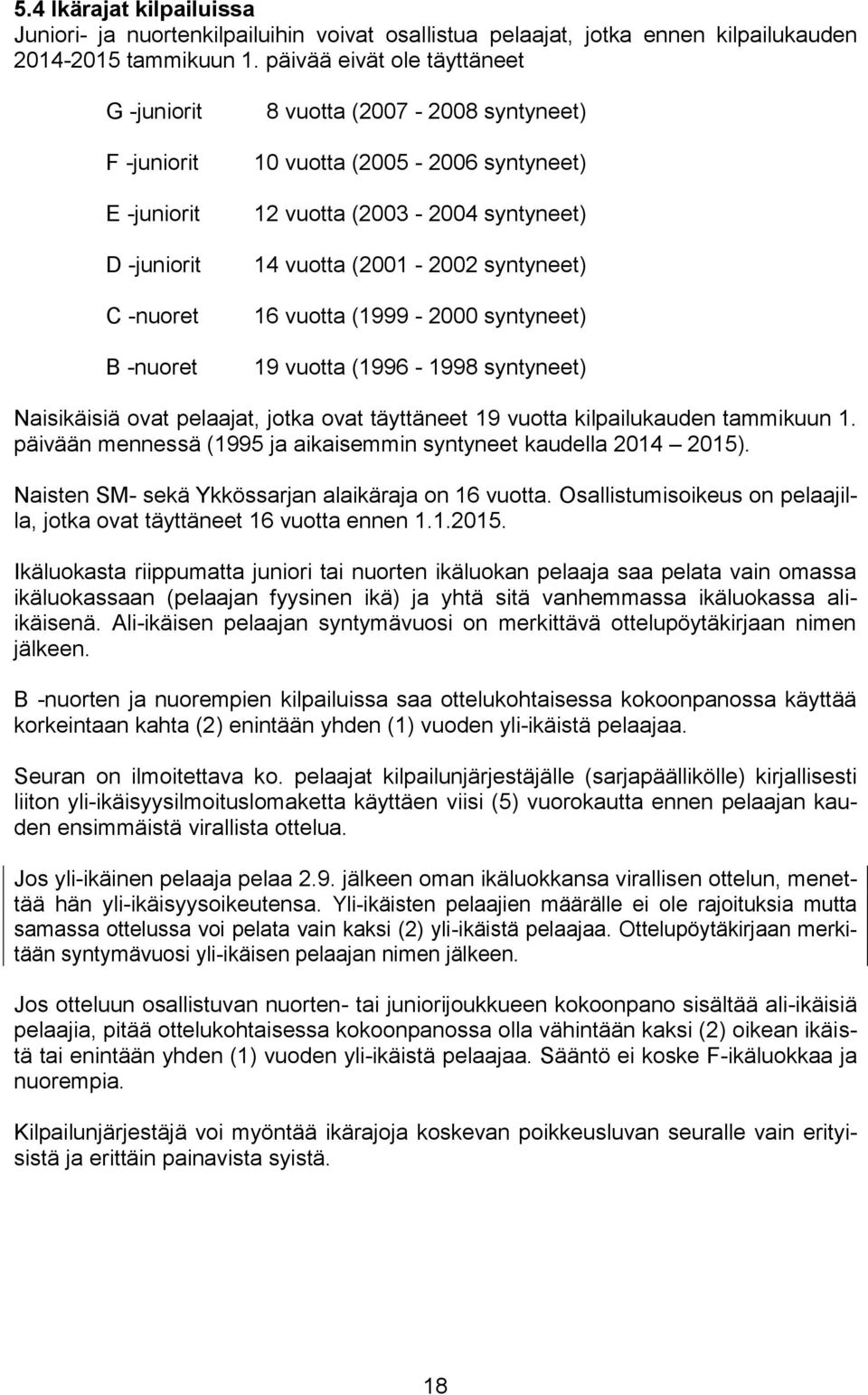 vuotta (2001-2002 syntyneet) 16 vuotta (1999-2000 syntyneet) 19 vuotta (1996-1998 syntyneet) Naisikäisiä ovat pelaajat, jotka ovat täyttäneet 19 vuotta kilpailukauden tammikuun 1.