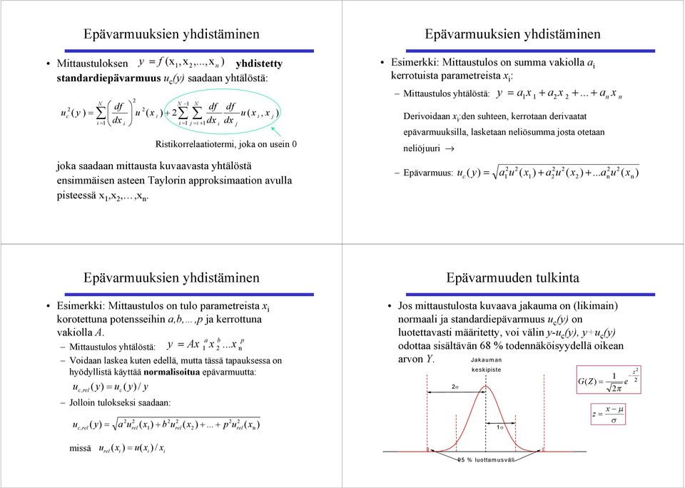 x,x,,x n. df dx df dx j, x Rstkorrelaatoterm, joka on usen 0 j Epävarmuuksen yhdstämnen Esmerkk: Mttaustulos on summa vakolla a kerrotusta parametresta x : Mttaustulos yhtälöstä: y = a x + a x +.