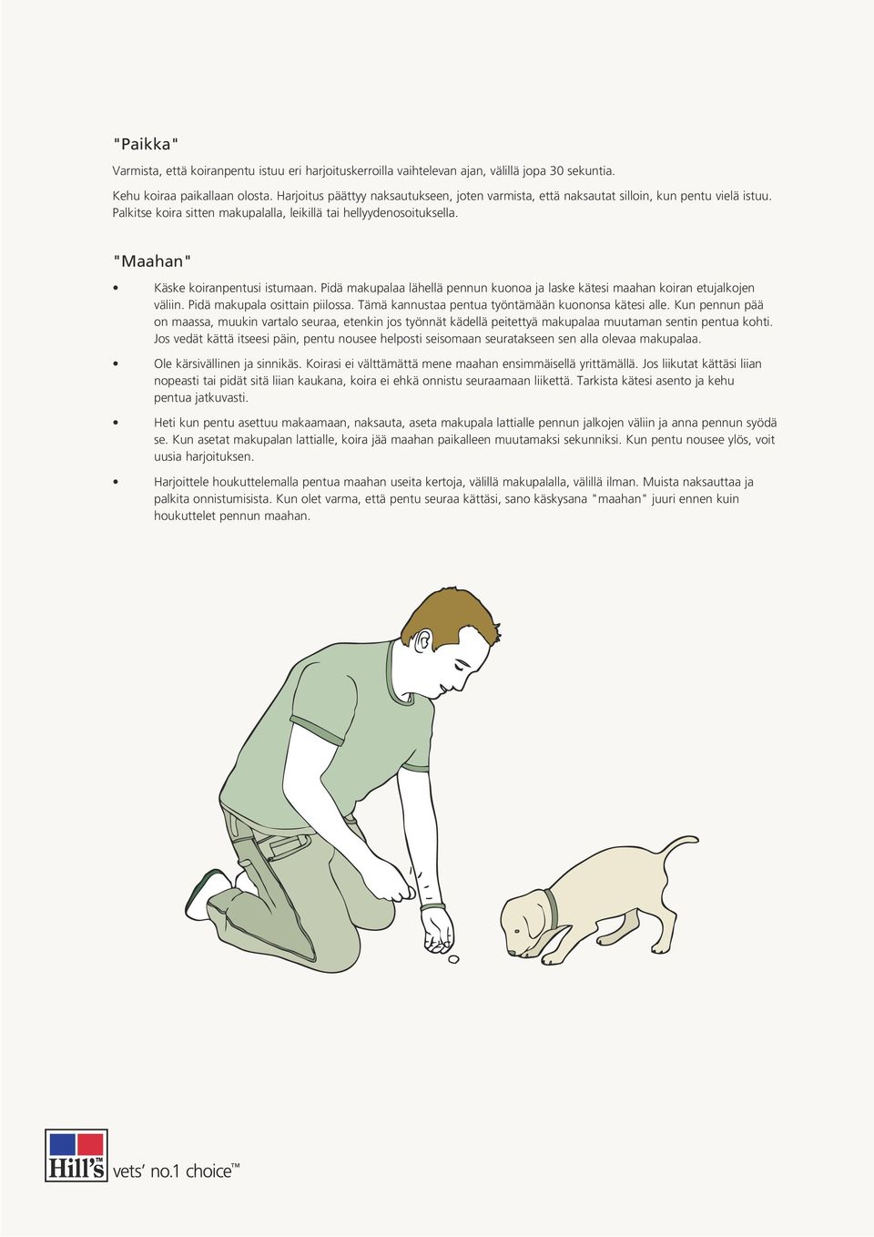 "Maahan" Käske koiranpentusi istumaan. Pidä makupalaa lähellä pennun kuonoa ja laske kätesi maahan koiran etujalkojen väliin. Pidä makupala osittain piilossa.