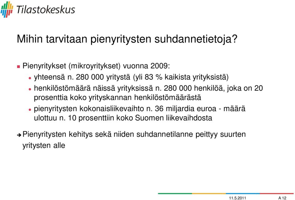 280 000 henkilöä, joka on 20 prosenttia koko yrityskannan henkilöstömäärästä pienyritysten kokonaisliikevaihto n.