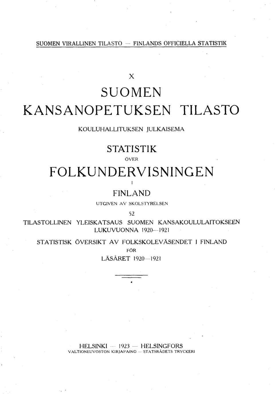 SUOMEN KANSAKOULULAITOKSEEN LUKUVUONNA 1920 1921 STATISTISK ÖVERSIKT AV FOLKSKOLEVÄSENDET I FINLAND FÖR LÄ SÄRET