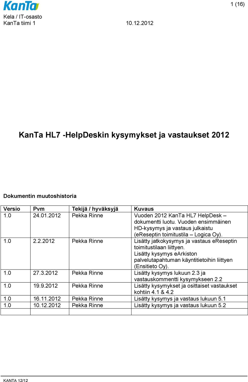 Lisätty kysymys earkiston palvelutapahtuman käyntitietoihin liittyen (Ensitieto Oy). 1.0 27.3.2012 Pekka Rinne Lisätty kysymys lukuun 2.3 ja vastauskommentti kysymykseen 2.2 1.0 19.