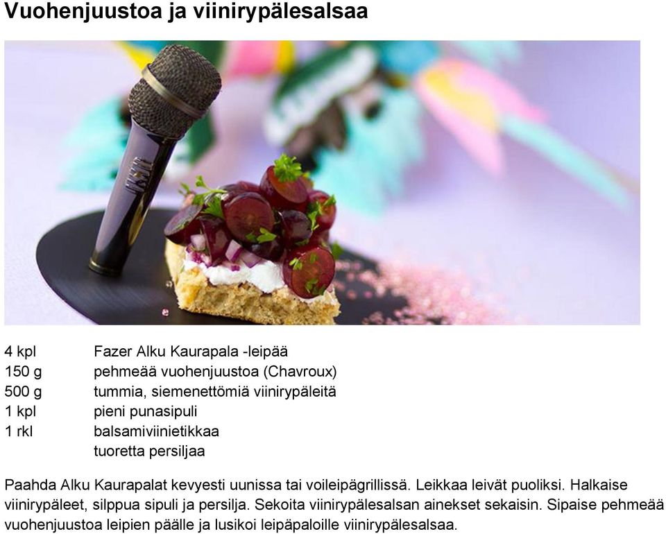 kevyesti uunissa tai voileipägrillissä. Leikkaa leivät puoliksi. Halkaise viinirypäleet, silppua sipuli ja persilja.