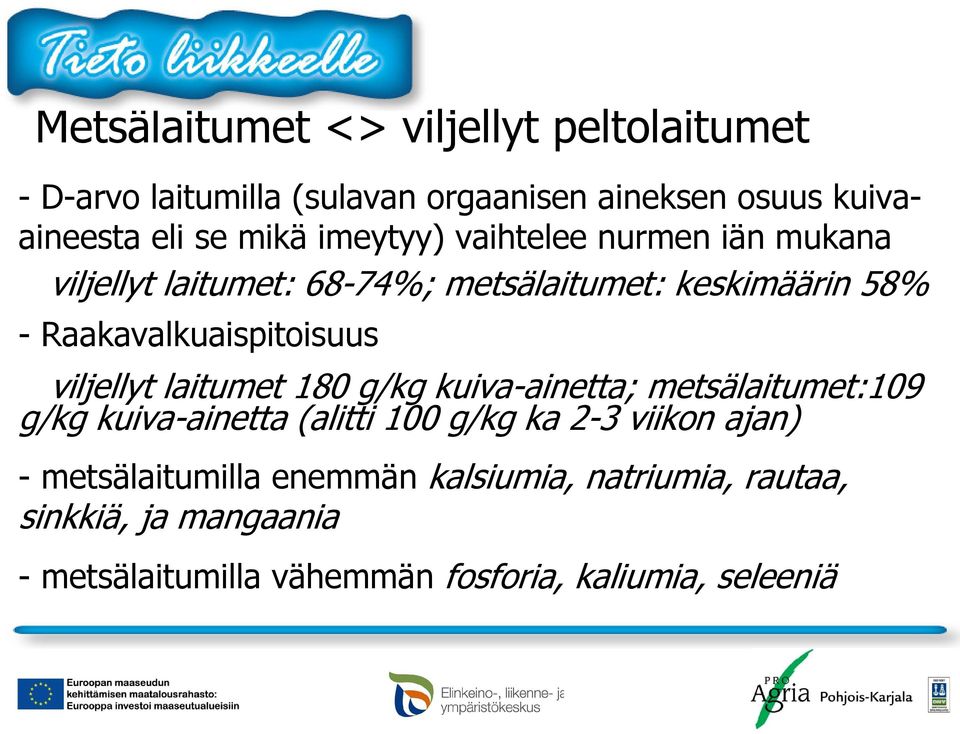 viljellyt laitumet 180 g/kg kuiva-ainetta; metsälaitumet:109 g/kg kuiva-ainetta (alitti 100 g/kg ka 2-3 viikon ajan) -