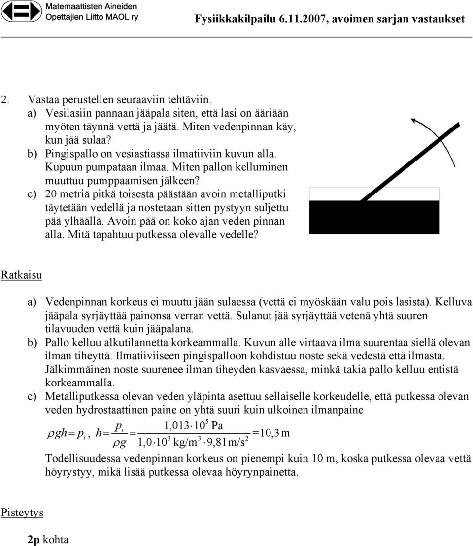 c) 0 metiä pitkä toieta päätään avoin metalliputki täytetään vedellä ja notetaan itten pytyyn uljettu pää ylhäällä. Avoin pää on koko ajan veden pinnan alla. Mitä tapahtuu putkea olevalle vedelle?