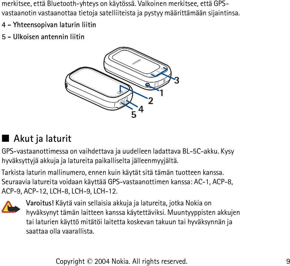 Kysy hyväksyttyjä akkuja ja latureita paikalliselta jälleenmyyjältä. Tarkista laturin mallinumero, ennen kuin käytät sitä tämän tuotteen kanssa.