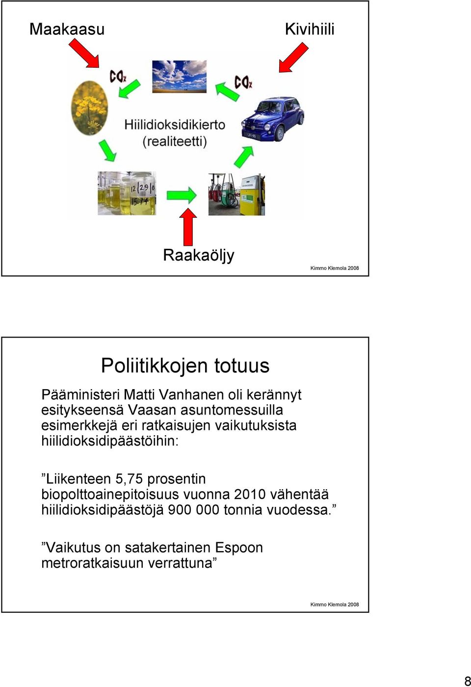 hiilidioksidipäästöihin: Liikenteen 5,75 prosentin biopolttoainepitoisuus vuonna 2010