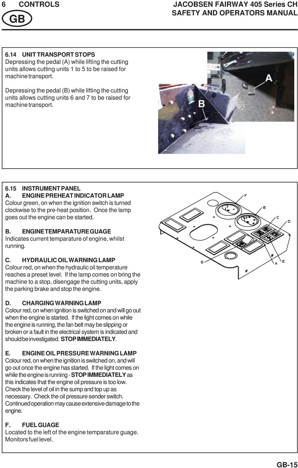 Depressing the pedal (B) while lifting the cutting units allows cutting units 6 and 7 to be raised for machine transport. 6.15 INSTRUMENT PANEL A.