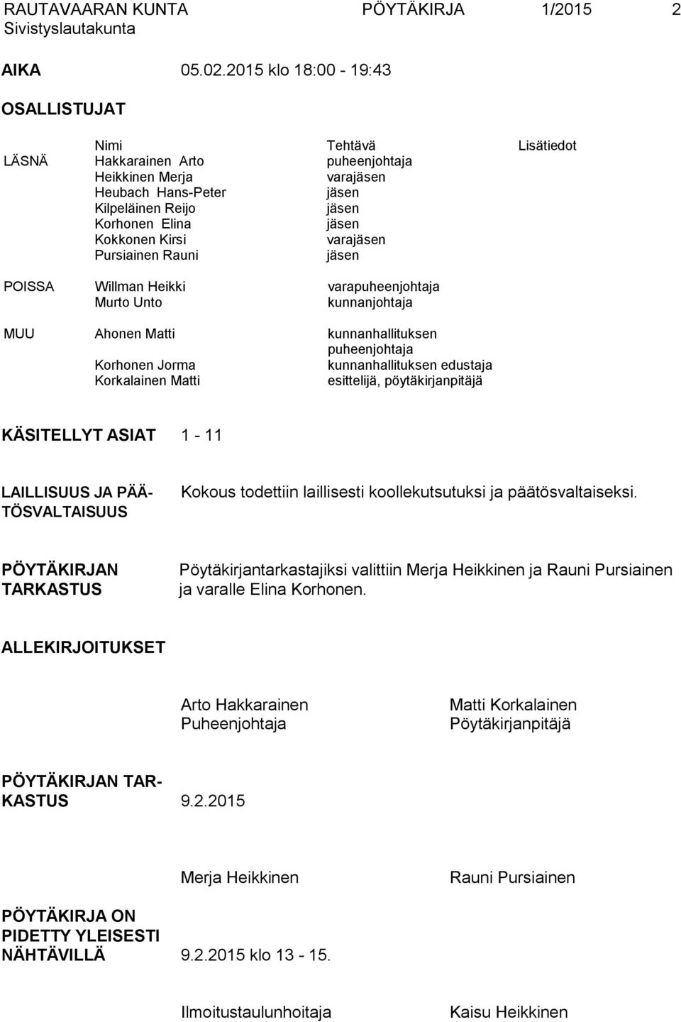 Kirsi varajäsen Pursiainen Rauni jäsen POISSA Willman Heikki varapuheenjohtaja Murto Unto kunnanjohtaja MUU Ahonen Matti kunnanhallituksen puheenjohtaja Korhonen Jorma kunnanhallituksen edustaja