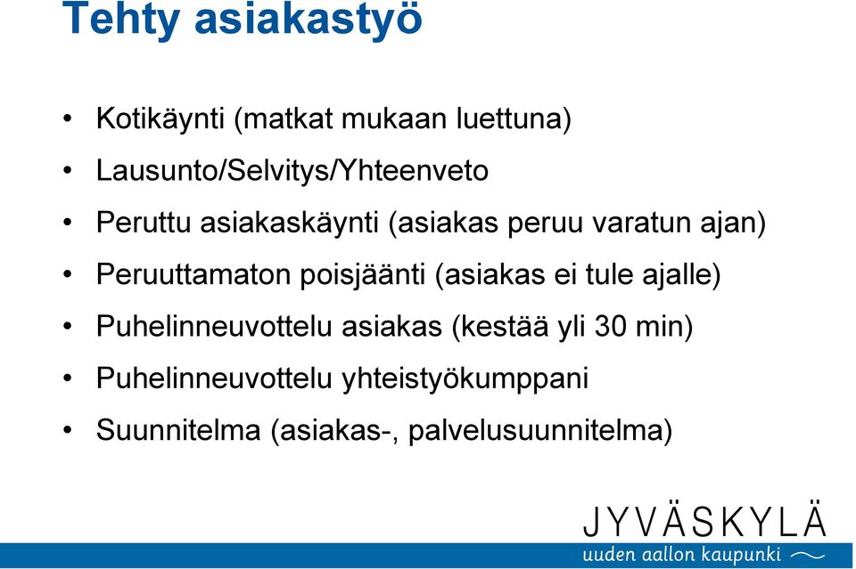 ajan) Peruuttamaton poisjäänti (asiakas ei tule ajalle) Puhelinneuvottelu