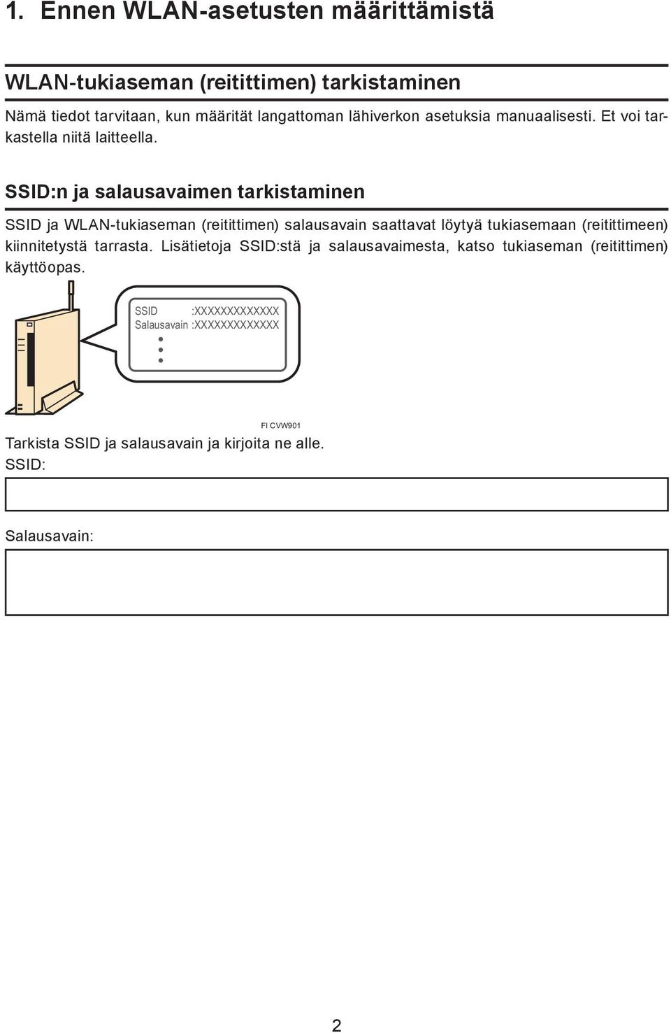 SSID:n ja salausavaimen tarkistaminen SSID ja WLAN-tukiaseman (reitittimen) salausavain saattavat löytyä tukiasemaan (reitittimeen)