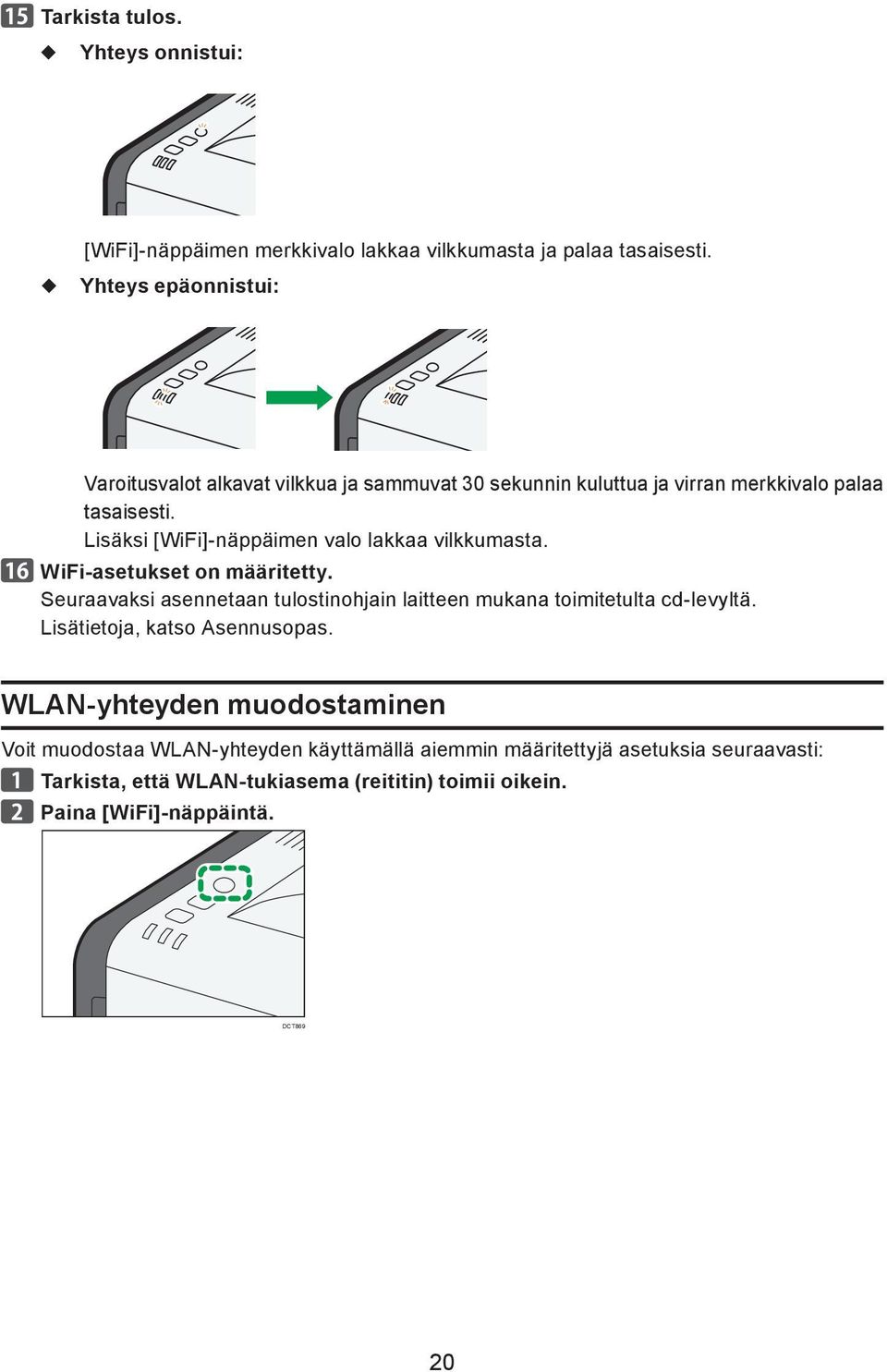 Lisäksi [WiFi]-näppäimen valo lakkaa vilkkumasta. WiFi-asetukset on määritetty.