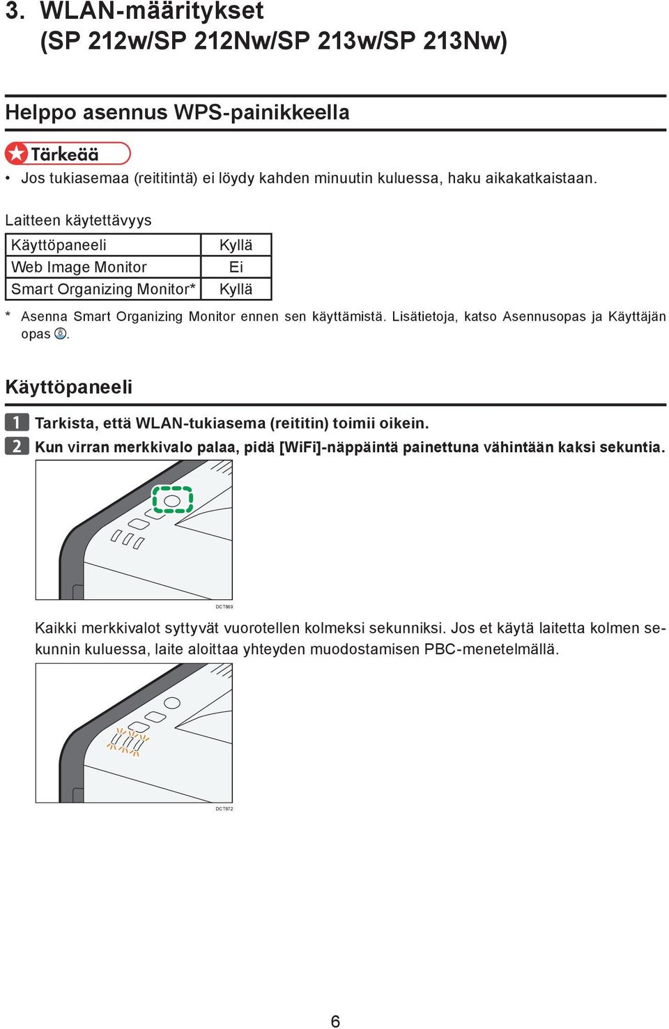 Lisätietoja, katso Asennusopas ja Käyttäjän opas. Käyttöpaneeli Tarkista, että WLAN-tukiasema (reititin) toimii oikein.